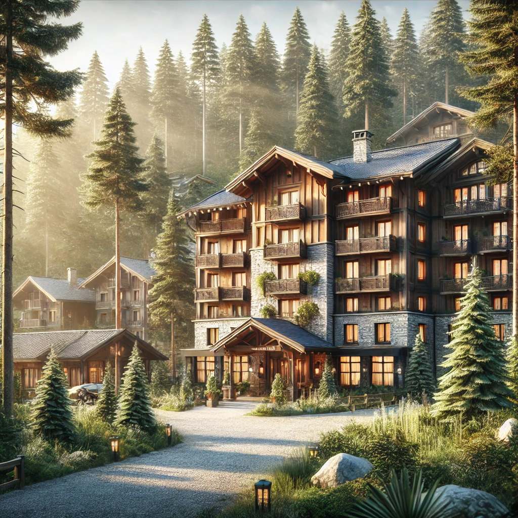 Hotel in Sila immerso nella natura, circondato da pini secolari, con esterni rustici in legno e pietra, tipico del paesaggio montano della Sila Piccola.