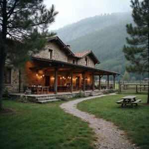 Agriturismi in Sila, locale rustico nelle montagne della Sila con tavoli in legno e un prato verde circostante