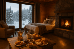 Dove dormire in Sila - Camera accogliente con vista sul bosco innevato e colazione tipica