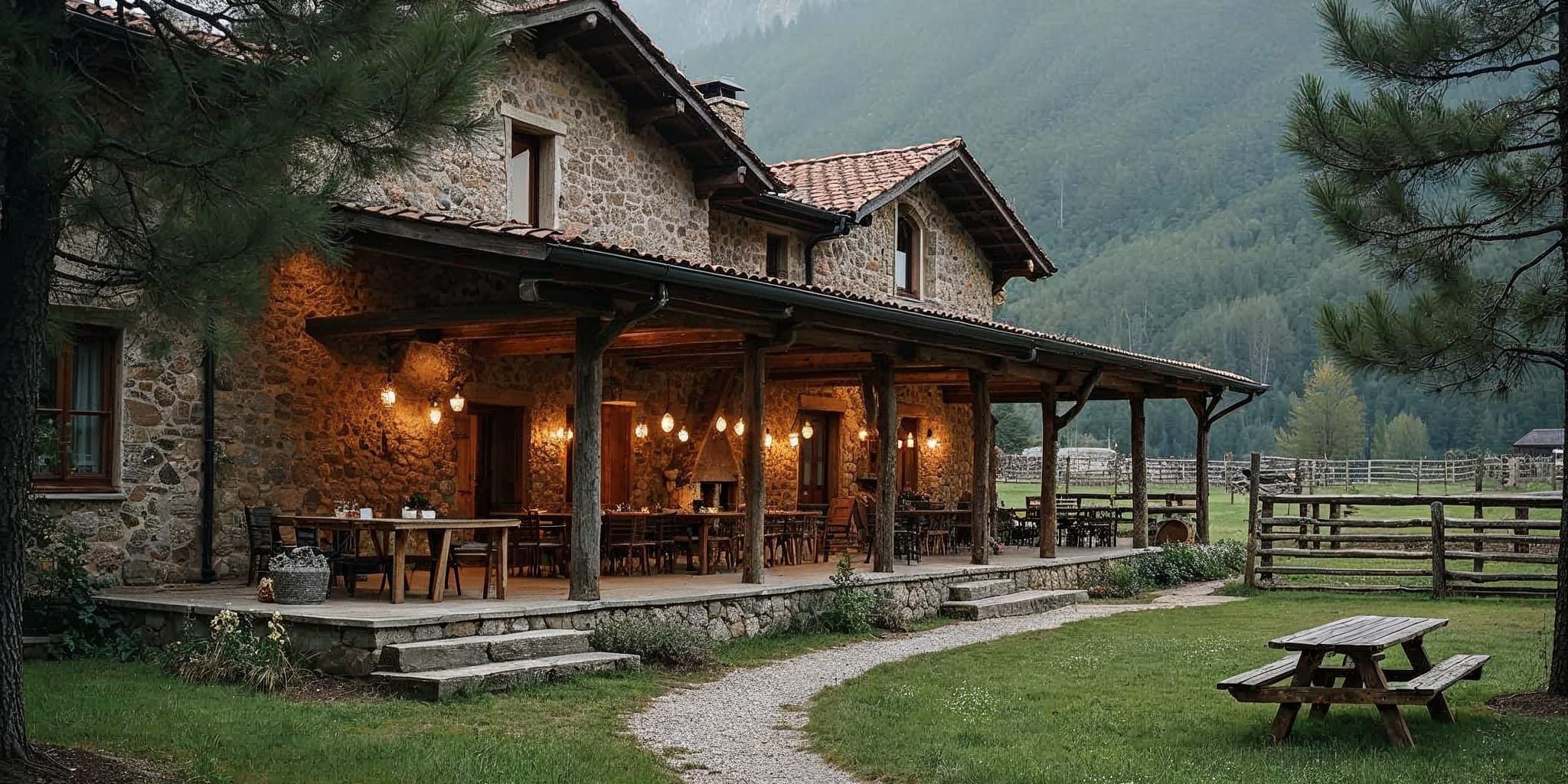 Agriturismi in Sila, locale rustico nelle montagne della Sila con tavoli in legno e un prato verde circostante